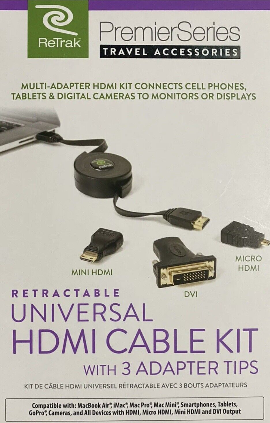 Retrak Premier Series Rectractable Universal HDMI Cable Kit  (w/ 3 Adapter Tips)