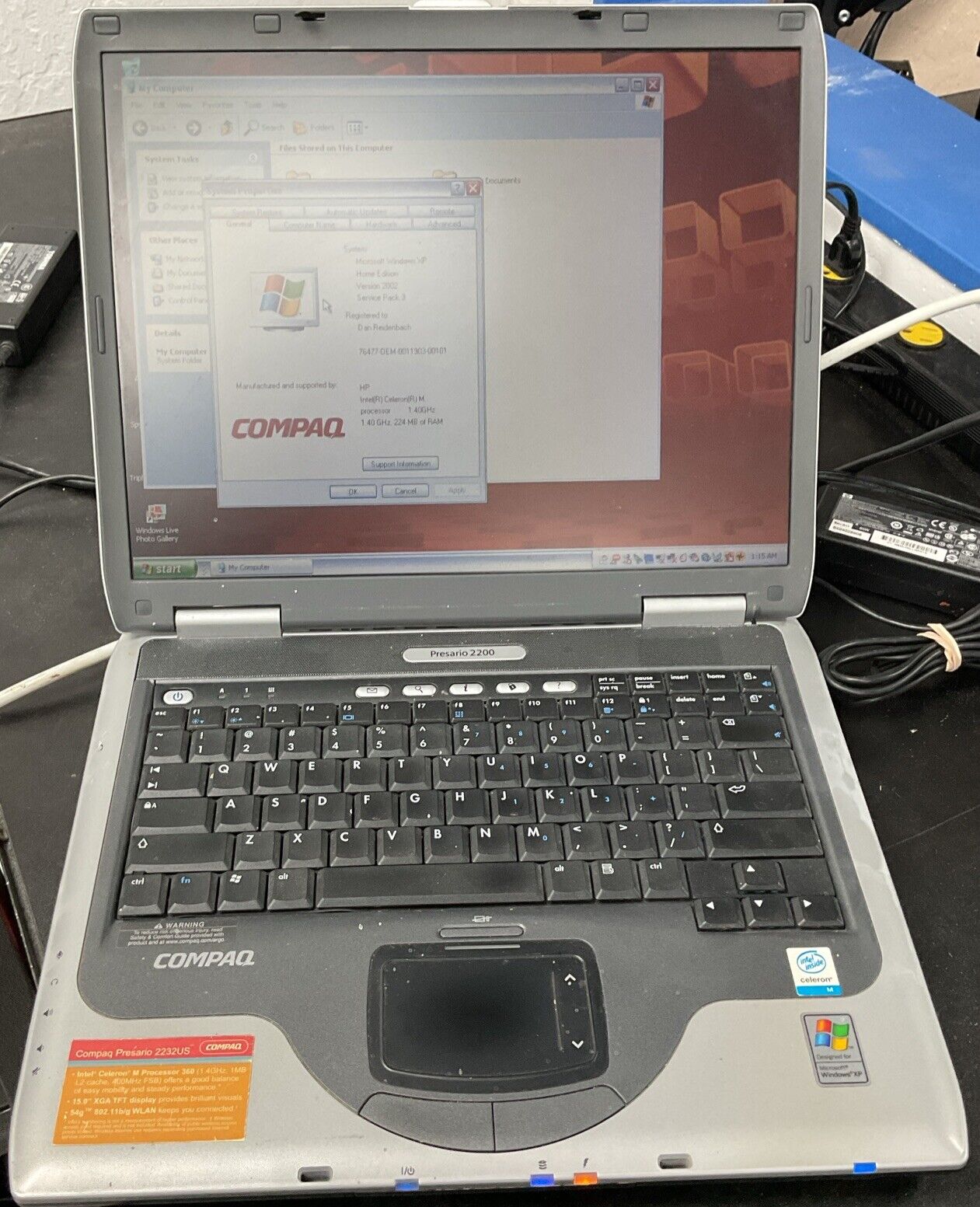 Compaq Presario 2200 Laptop Intel Celeron M @ 1.40GHz 224MB Ram 40GB HDD WIN XP