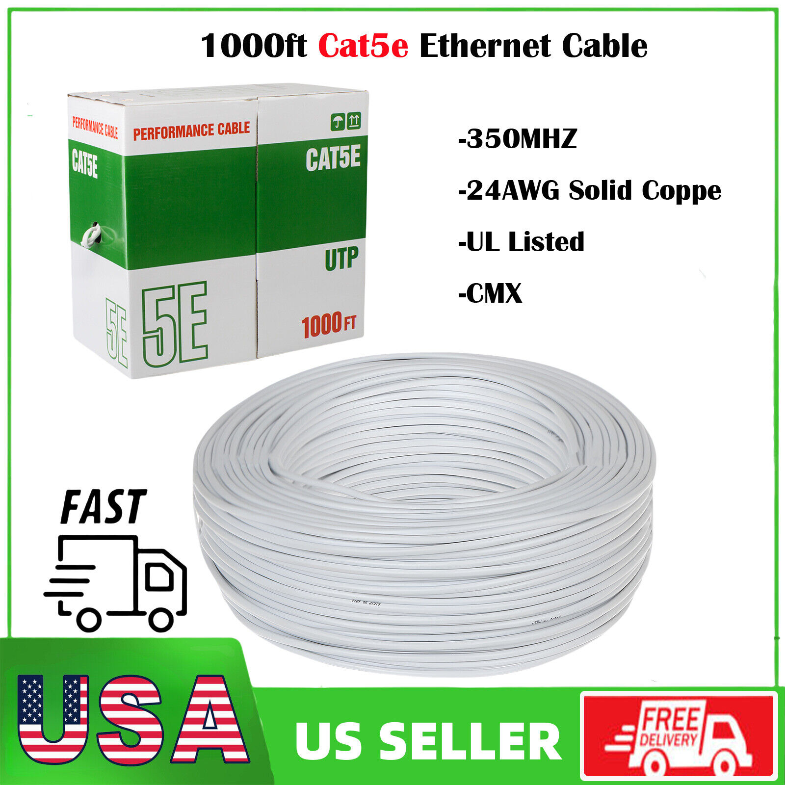 Cat6/Cat5e 1000ft Outdoor/Indoor Ethernet Cable UTP 23AWG/24AWG Solid Coppe