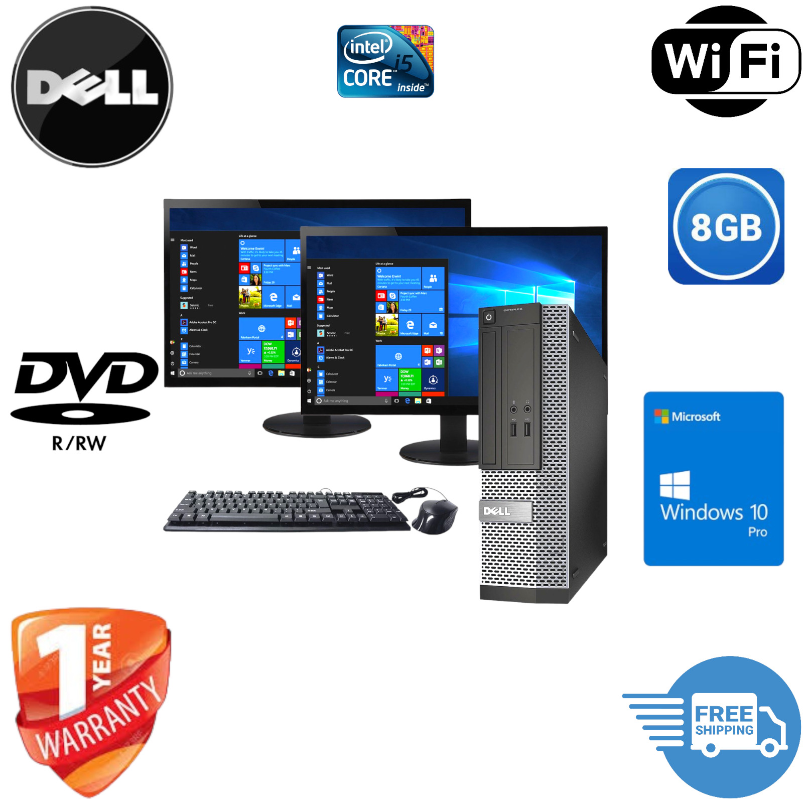 Dell Desktop Computer PC 8GB UP to  2TB HDD/SSD Windows 10 Pro Wi-Fi DVD/RW