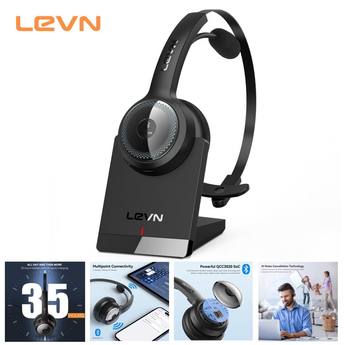 LEVN Bluetooth Headset，Wireless Headset With Microphone & AI Noise Cancelling