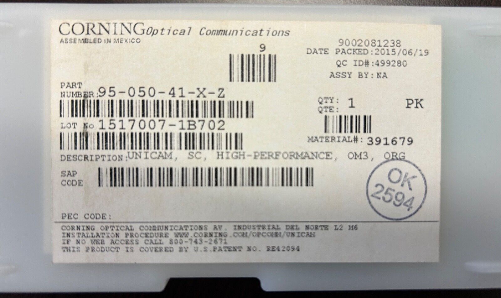 Corning Unicam 95-050-41-X-Z  Connector 50 / SC MM OM3/OM4.🧨