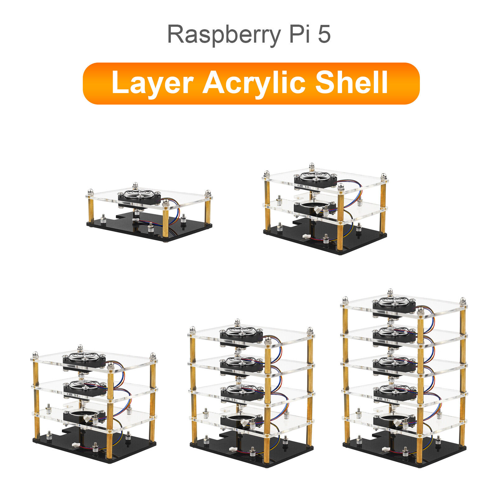 Raspberry Pi 5 Multi-Layer Acrylic Shell Protective Case Cooling Fan US