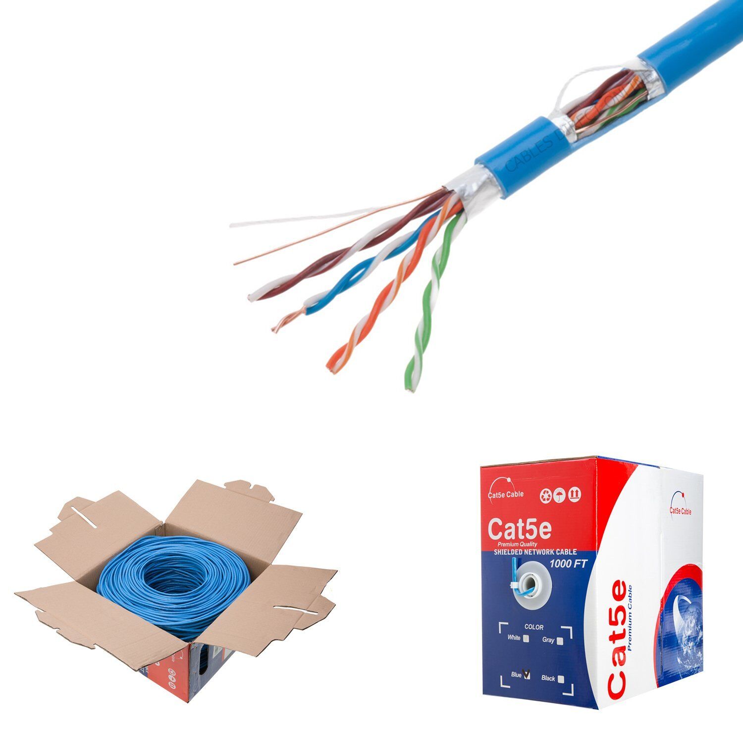 Shielded Cat5e 1000ft Blue Network FTP Cable, Solid 24AWG Ethernet Bulk Wire