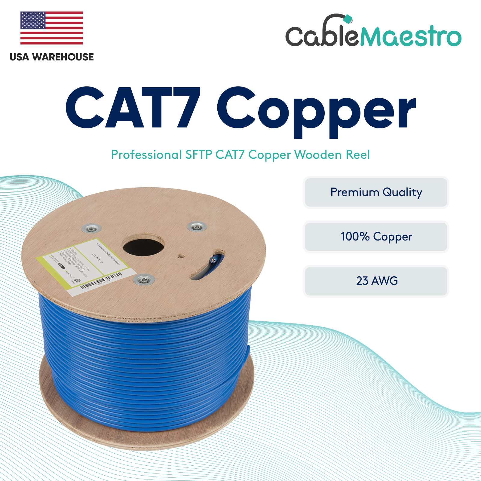 CAT7 SFTP 500FT Bare Copper PE CM Riser 10Gbps 23AWG 600Mhz Solid Drum RoHS Blue