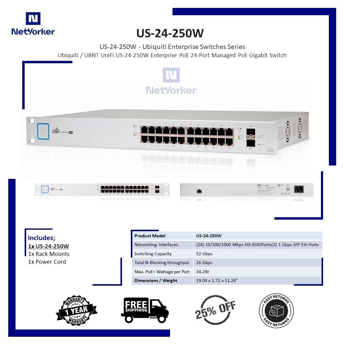 Ubiquiti UniFi US-24-250W 24-Port Managed Gigabit PoE+ Switch-Same Day Shipping