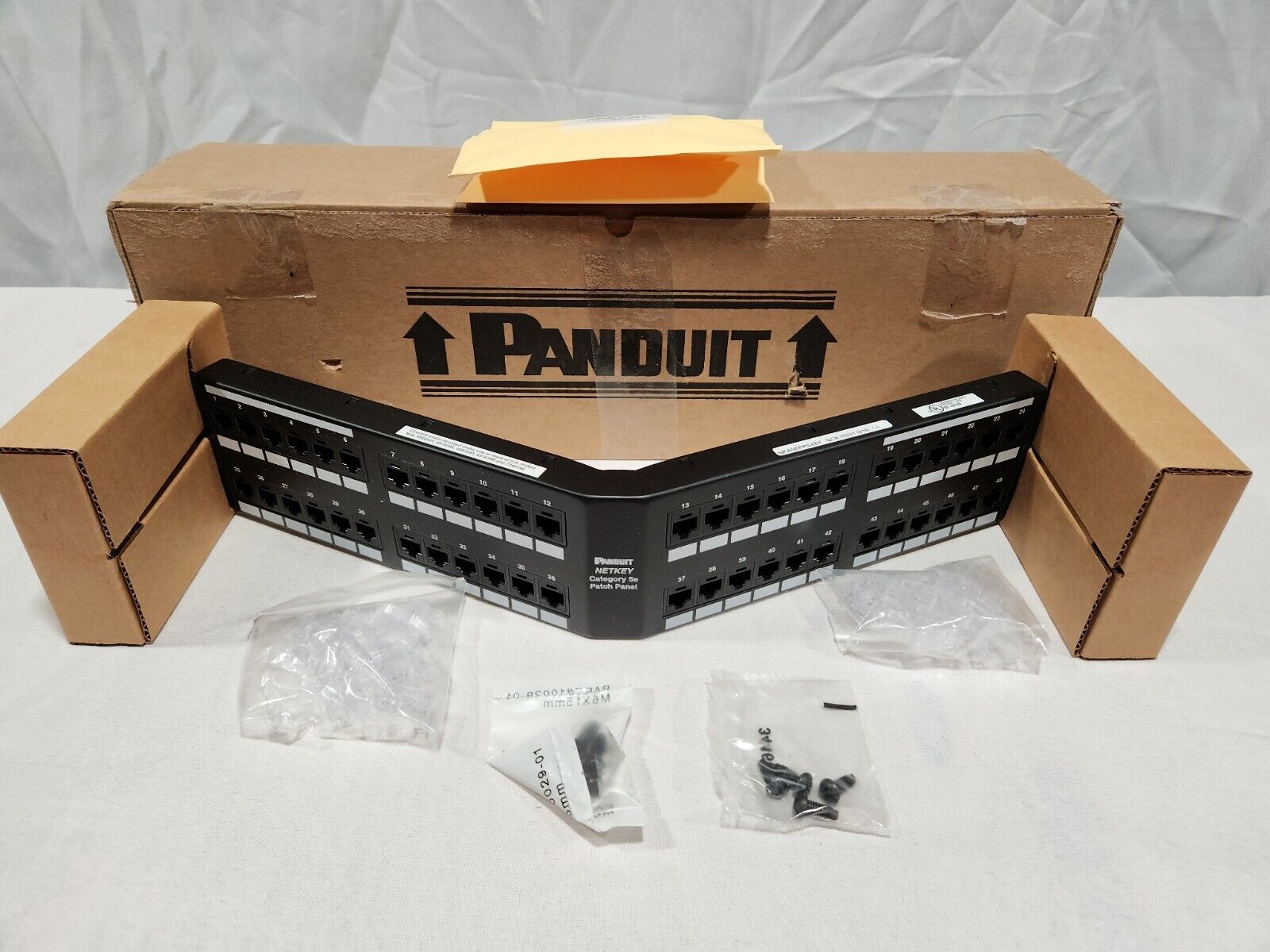 Panduit Netkey Angled Loaded Patch Panel NKA5EPPG48Y,Steel,Cat 5e, 48-Port, 2 RU