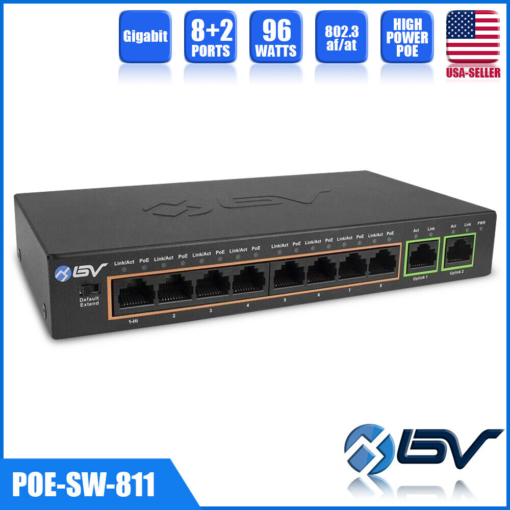 8 Port PoE+ Switch with 2 Gigabit Uplink Max 96W Extend to 250M 802.3af/at