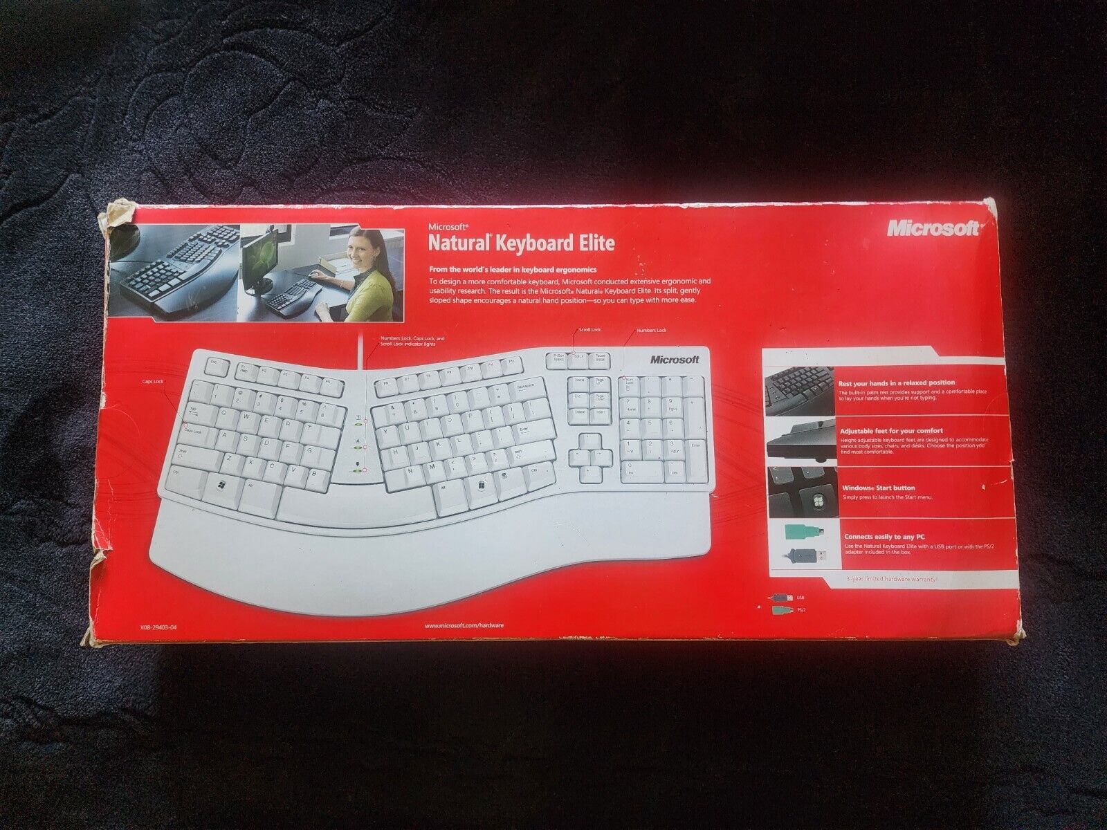 Vintage Microsoft Natural Elite Keyboard White Ergonomic Original Box Windows 7 