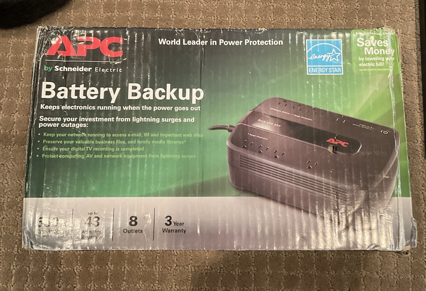 APC Battery Backup 550VA 330W 43 Minute Runtime With 8 Outlets