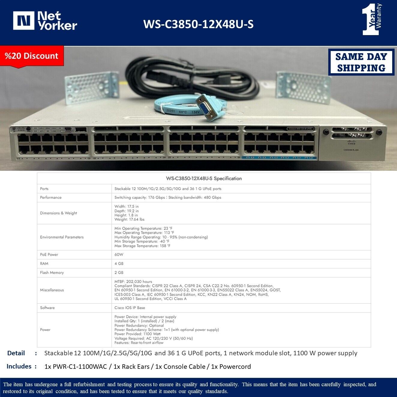Cisco WS-C3850-12X48U-S Catalyst 3850 48 Port UPOE Switch - Same Day Shipping