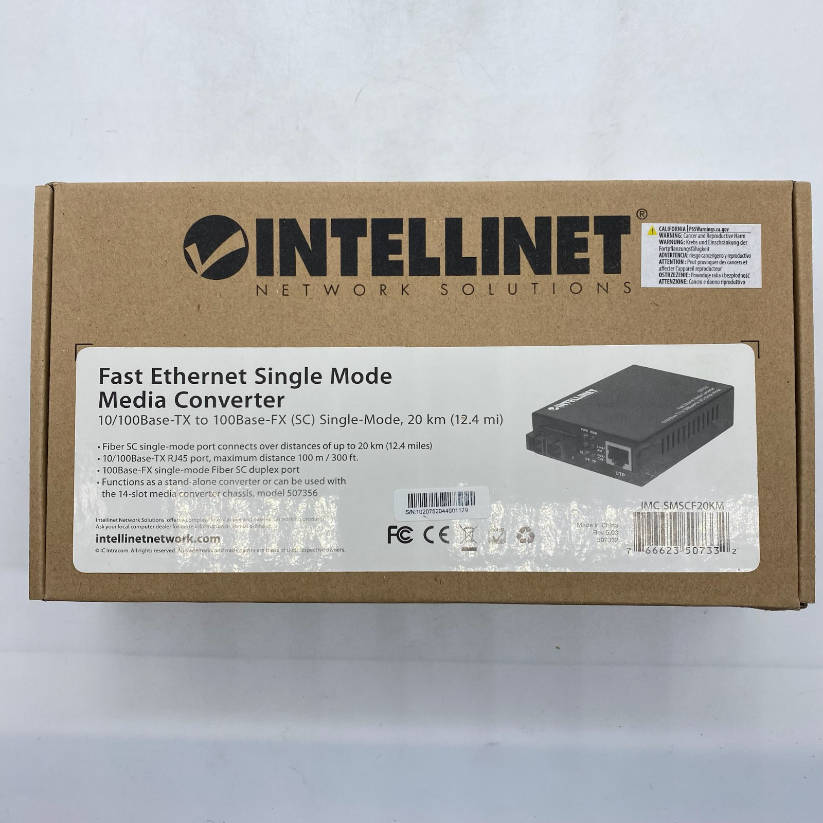 Intellinet IMC-SMSCF20KM Fast Ethernet Single Mode Media Converter. P/N 507332