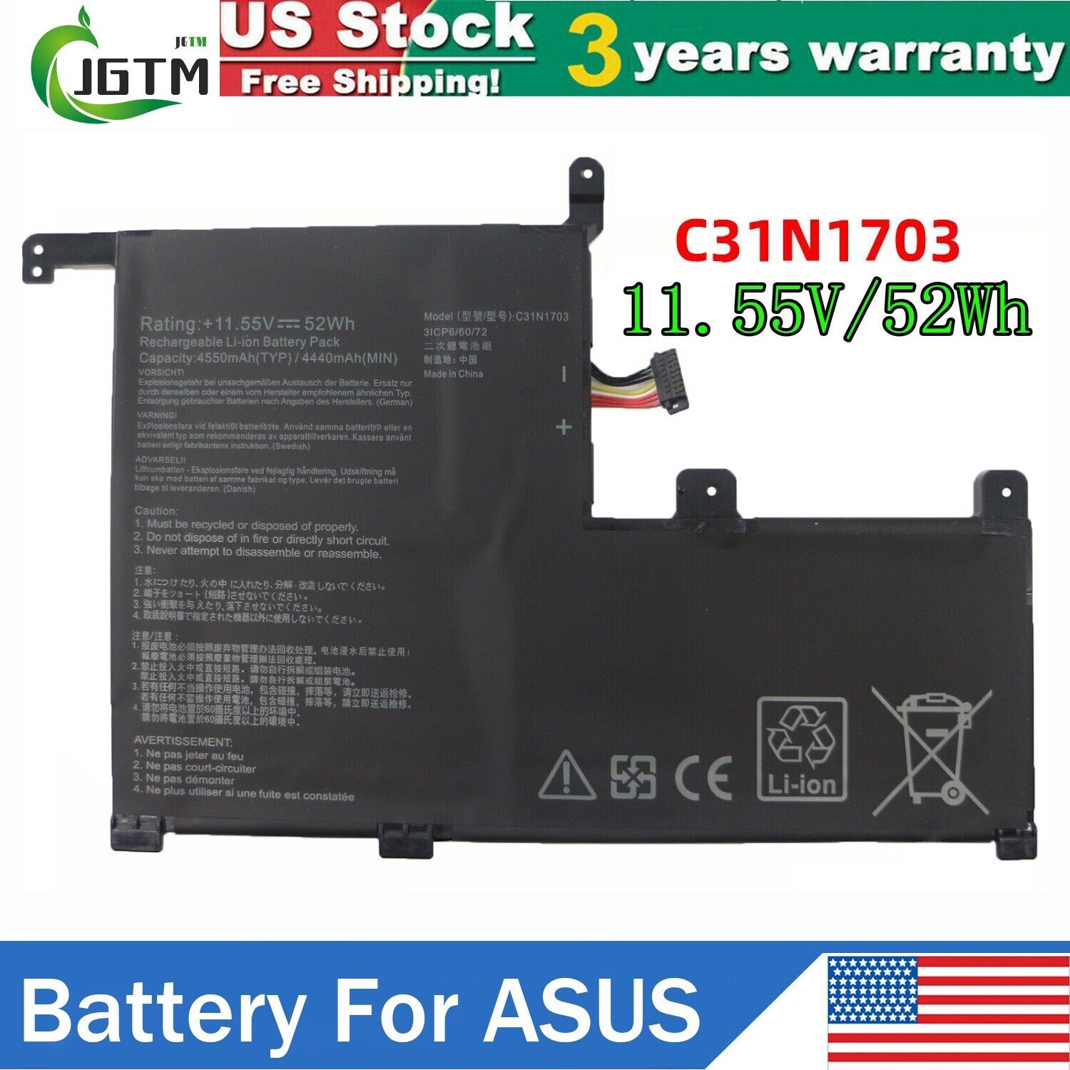 C31N1703 Laptop Battery for ASUS Zenbook Flip 5Q505UA Q525UA UX561UA 52Wh 11.55V
