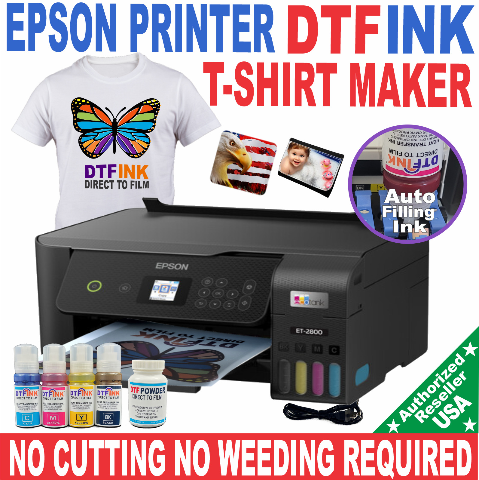 EPSON PRINTER WITH DTF DIRECT INK HEAT TRANSFER T-SHIRT PRINT NO CUT START KIT.
