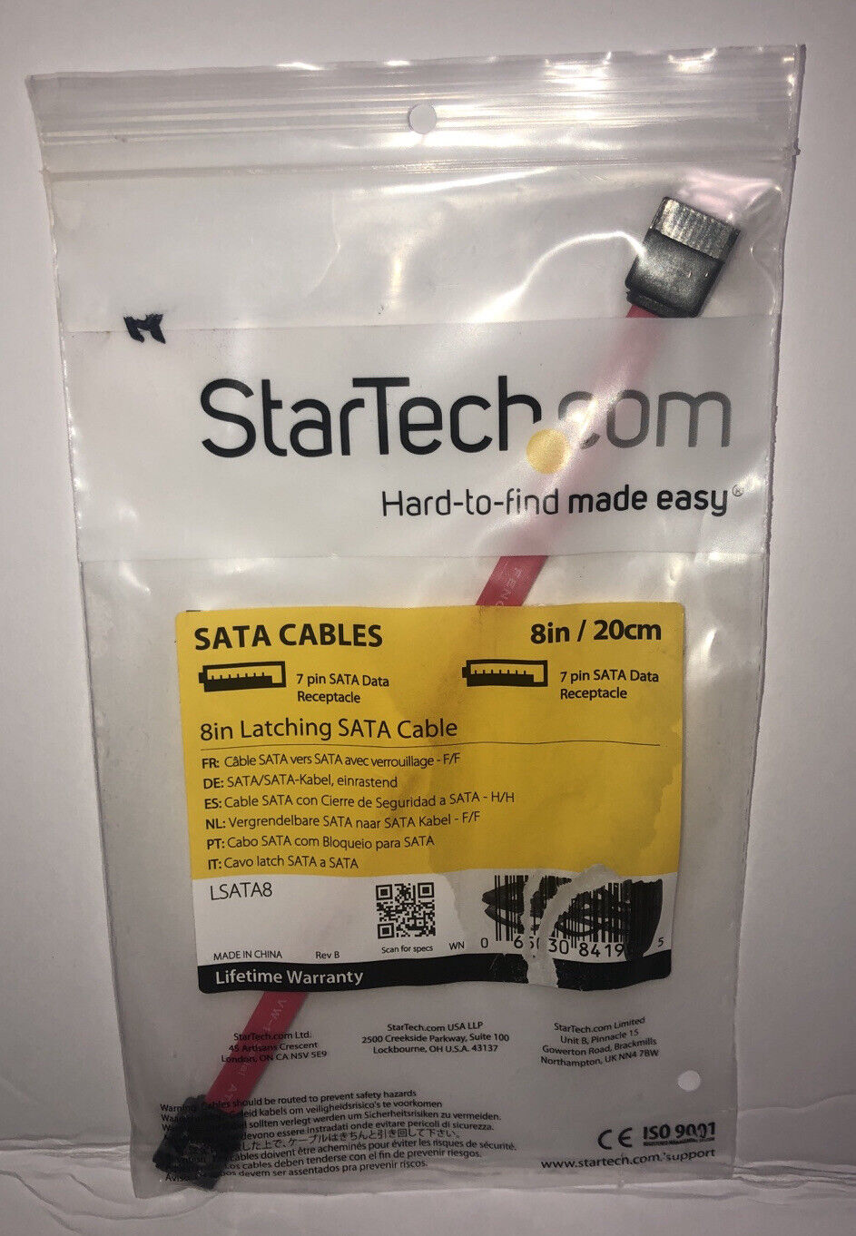 New StarTech 8in Latching SATA Cable - Male SATA - Male SATA - 8 - Red