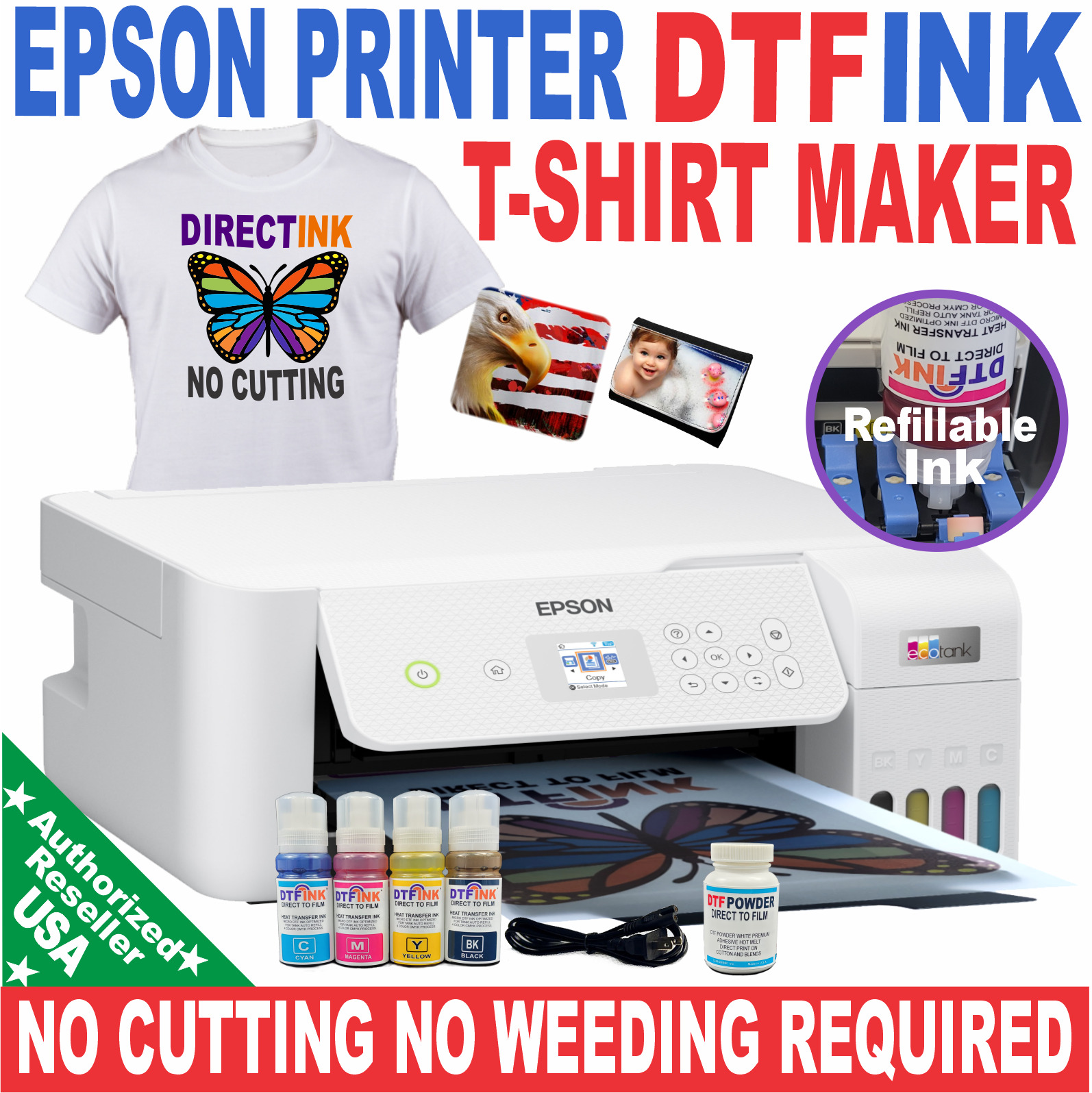 EPSON PRINTER WITH DTF INK HEAT TRANSFER PRINT COTTON T-SHIRT NO CUT START KIT