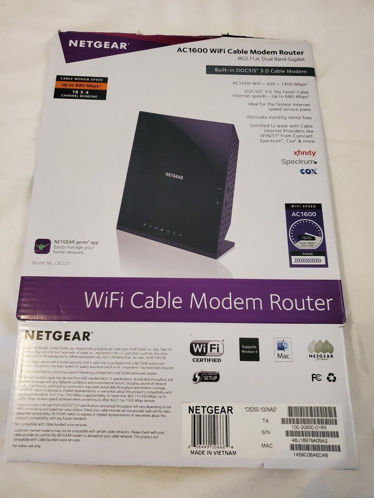 NETGEAR AC1600 Cable Modem Router C6250 802.11ac Dual Band Gig TESTED 