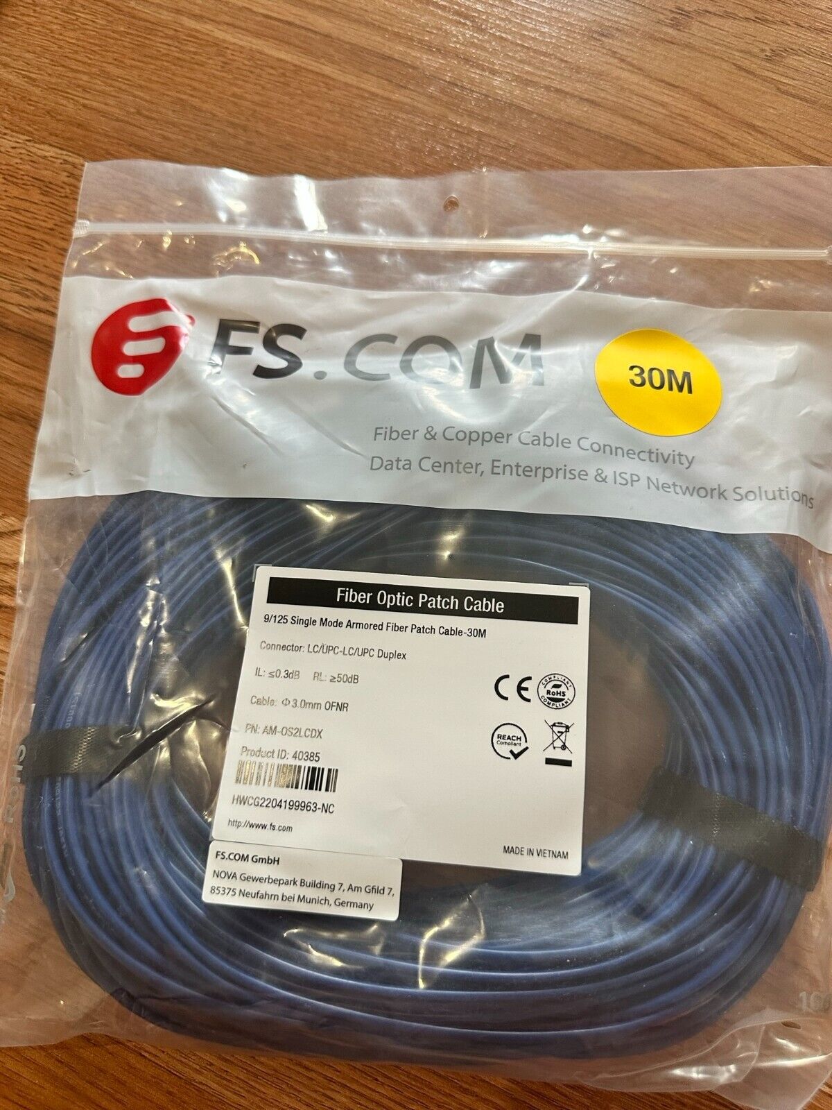 30m (98ft) LC UPC to LC UPC Duplex OS2 Single Mode Indoor Armored PVC (OFCR) 3.0