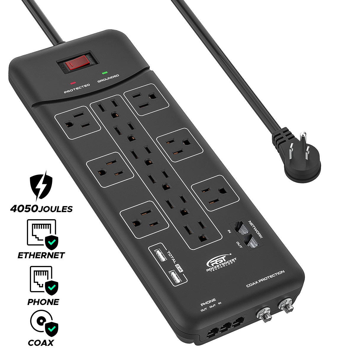 CRST Surge Protector Power Strip 4050J, with USB, Ethernet, Coaxial, Flat Plug