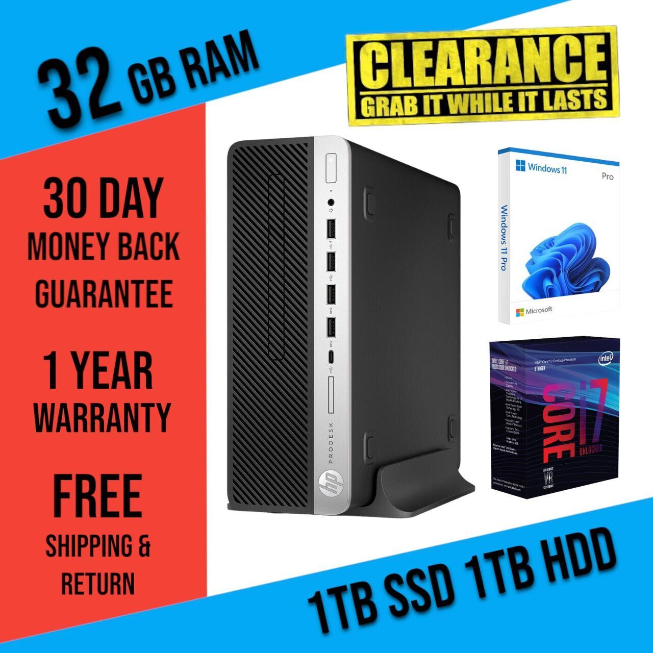 Clearance HP Desktop Computer i7-7700 32GB RAM 2TB SSD Office Slim PC BT 5.0