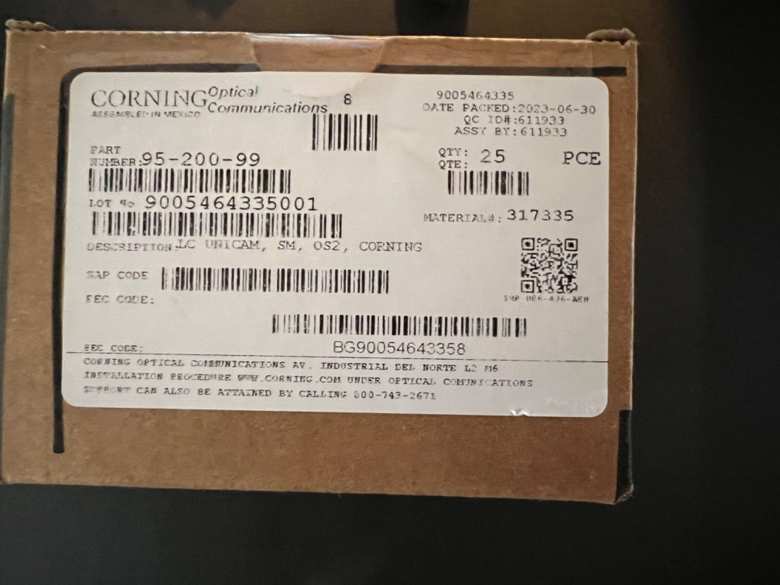 (BOX OF 25) Corning Unicam LC/SM OS2 dated 2023
