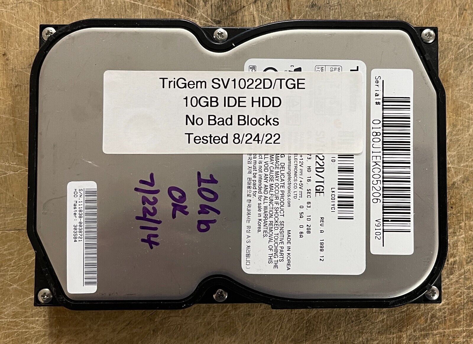 TriGem SV1022D/TGE 10GB IDE Hard Drive TESTED and WORKING