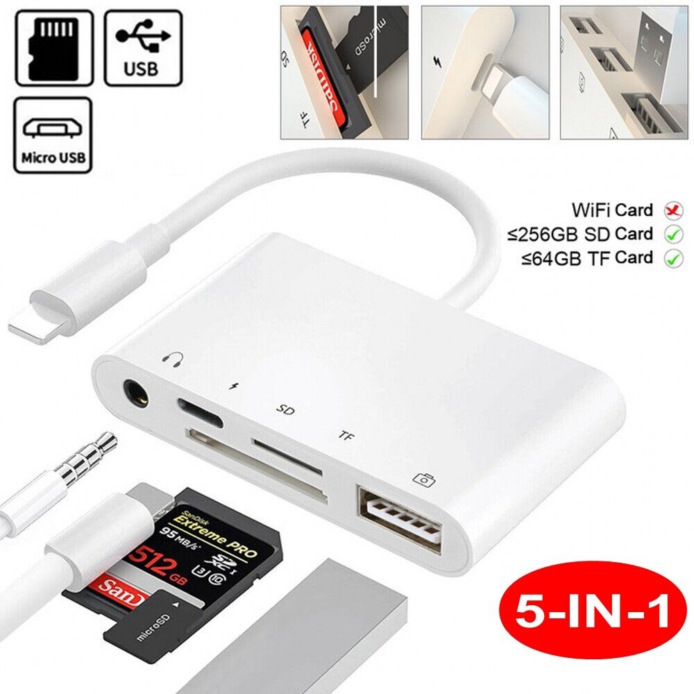 USB to Card Reader Adapter Camera TF/SD Memory Slot 3.5mm for iPhone iPad iPod