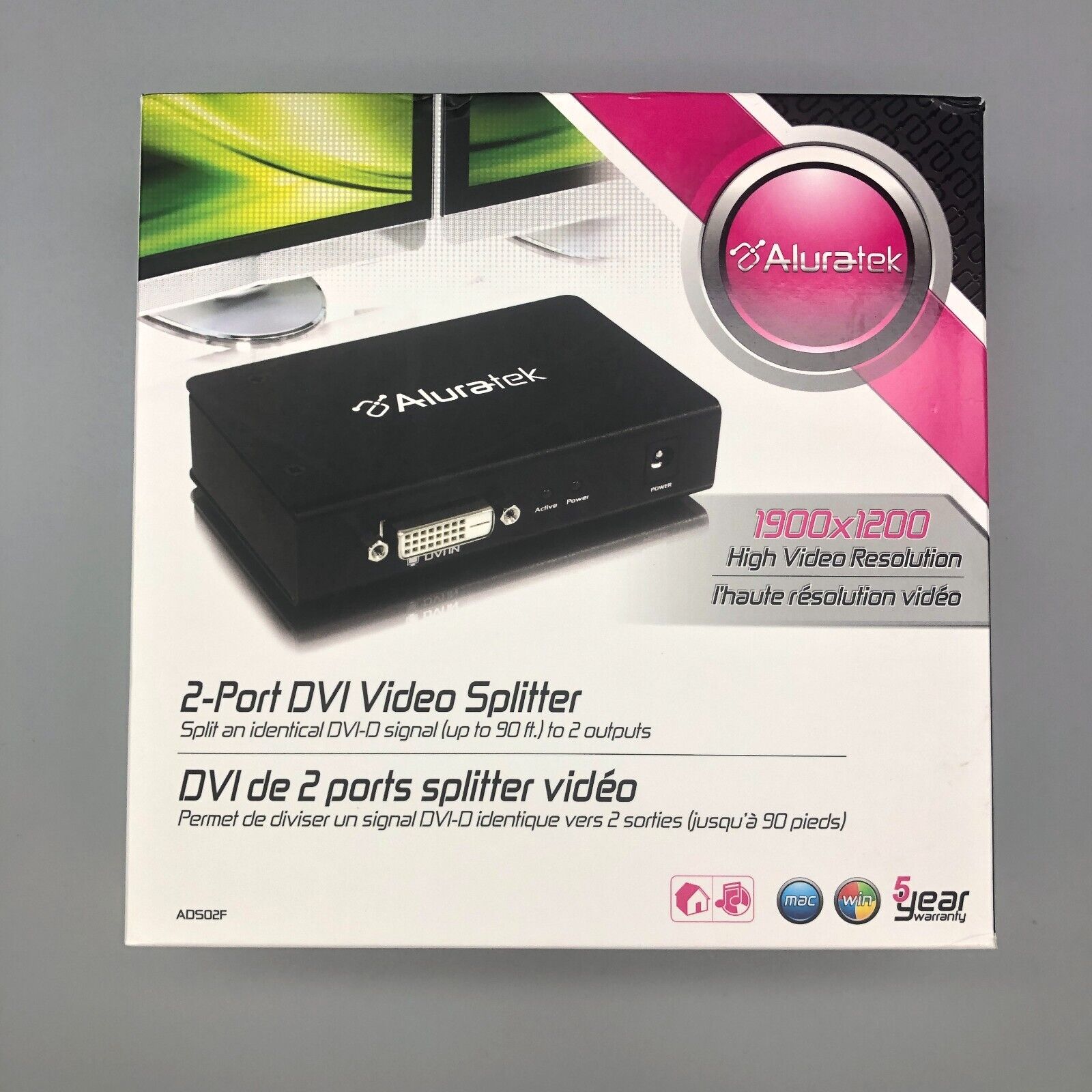 Aluratek ADS02F 1900x1200 2-Port DVI Video Splitter New in Box