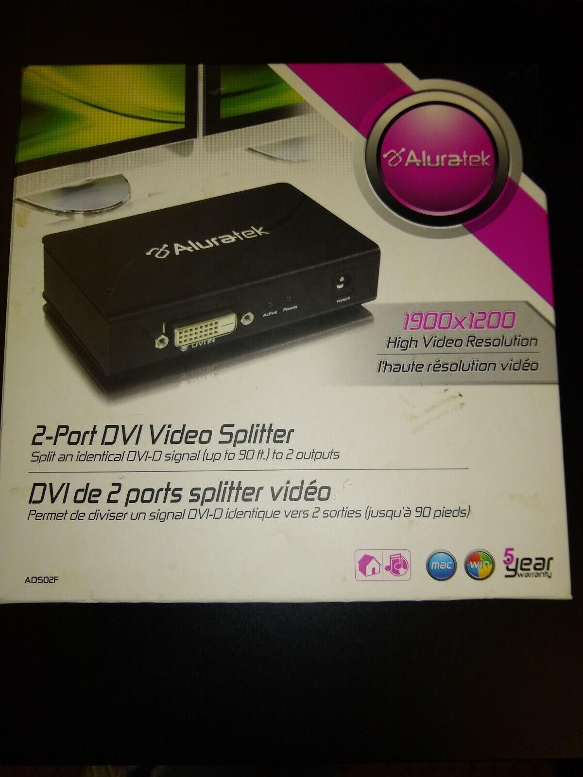 Aluratek ADS02F 1900x1200 2-Port DVI Video Splitter - BRAND NEW