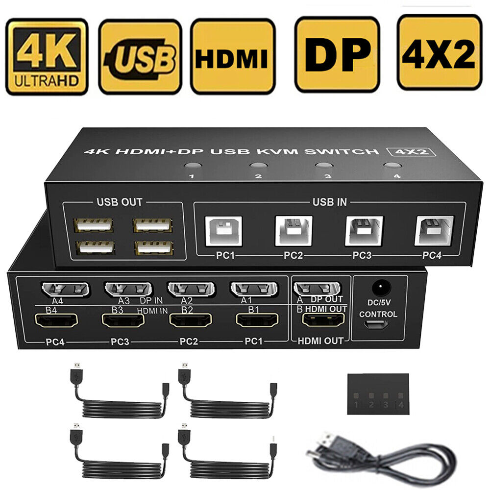 4 Port Dual Monitor HDMI+DisplayPort KVM Switch 4X2 4K@60Hz Mixed Display USB DP