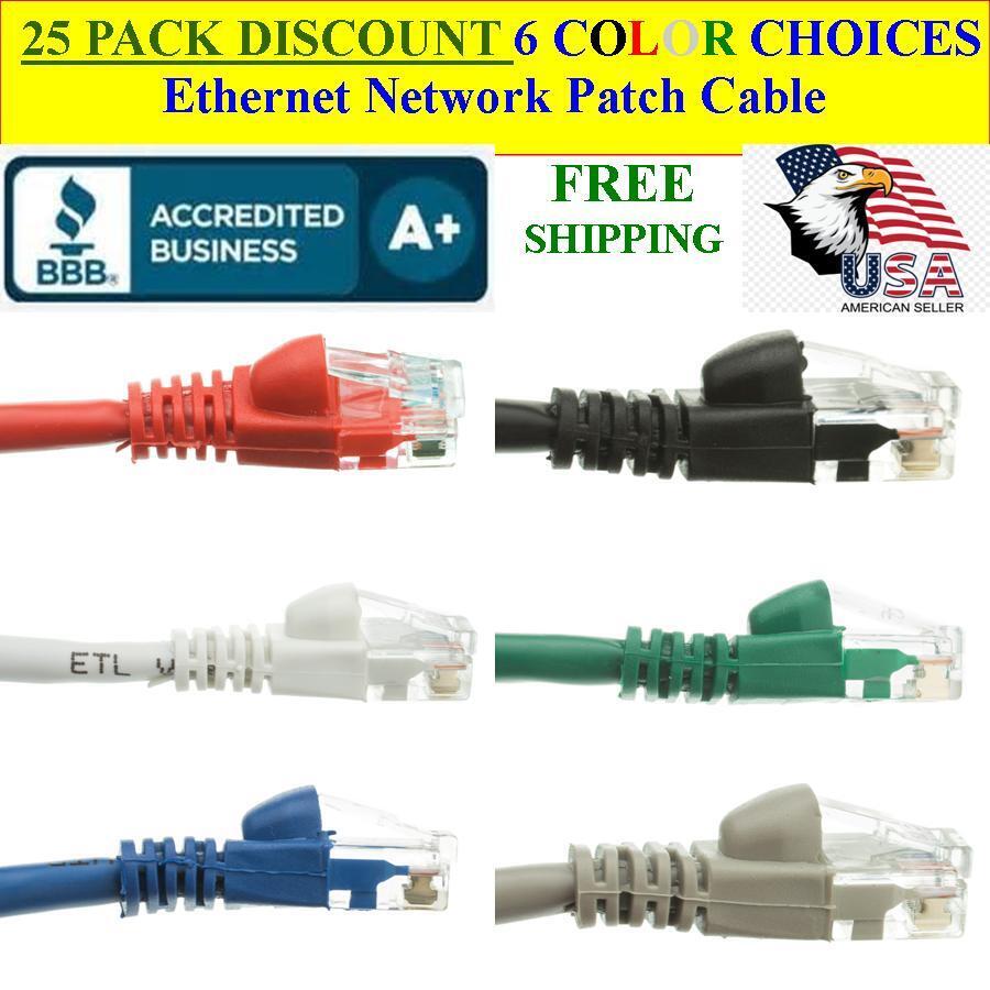 25 PACK 35 Ft Cat5e Ethernet Network Computer Patch Cable for PC, XBOX, PS3, PS4