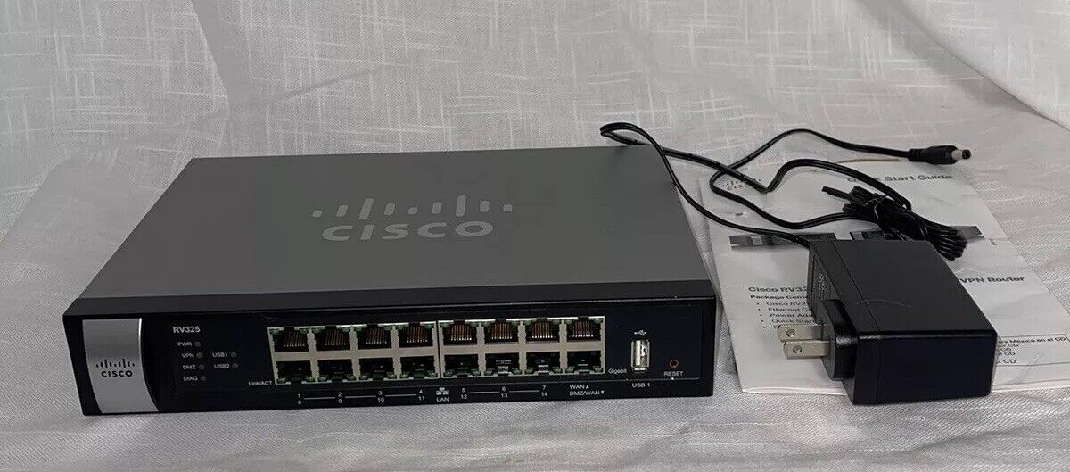 Cisco Router RV325 Gigabit Dual WAN VPN 14 Port Wired Black Adaptor No Cords