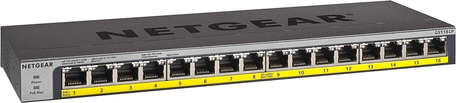 Netgear GS116LP 16-Port Gigabit Ethernet Unmanaged PoE Switch with 16 x PoE+ 76W