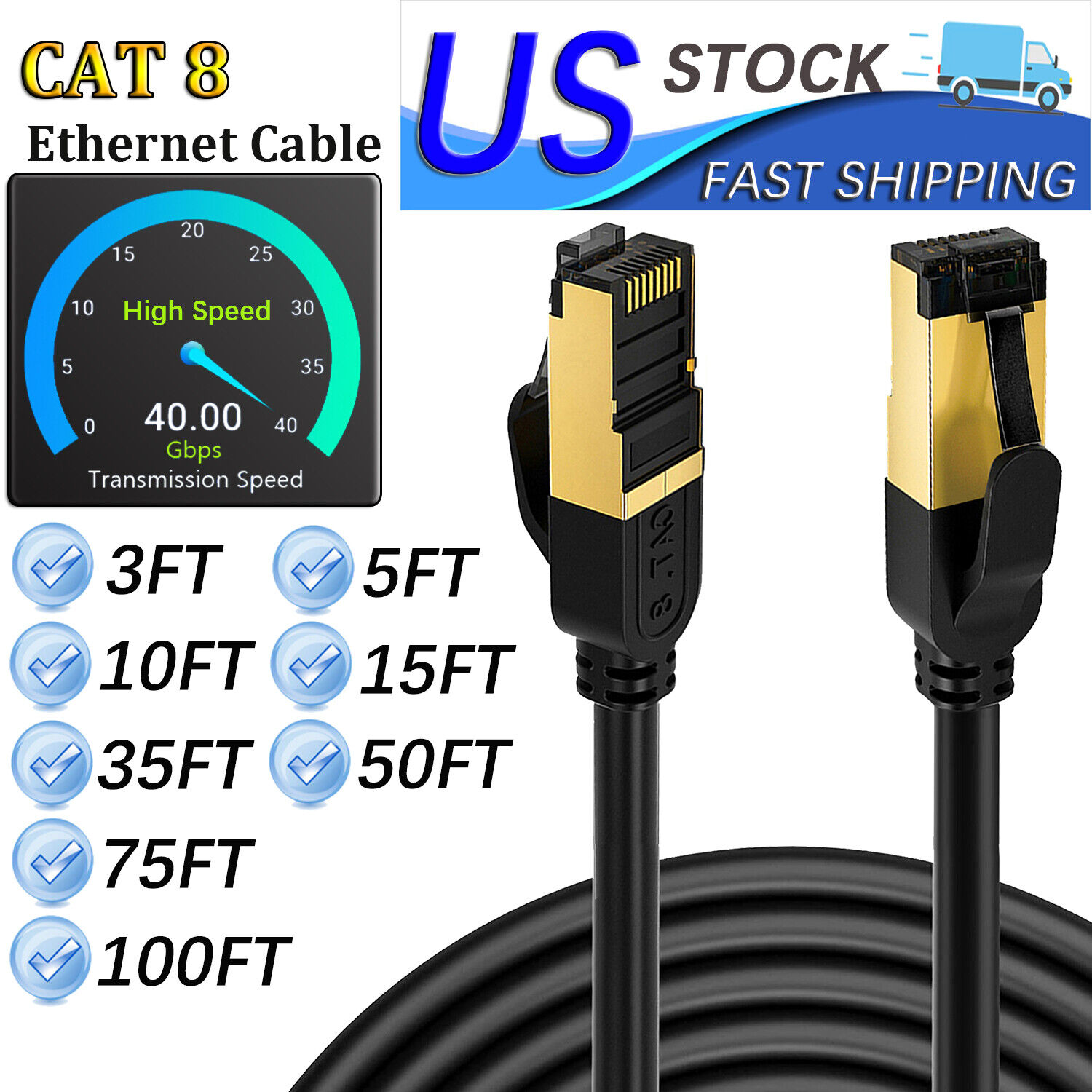 CAT8 RJ45 Ethernet Cable Super Speed 40Gbps Cat 8 Network Cable Gold Plated Lot