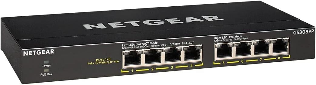 NETGEAR GS308PP 8-Port Gigabit Ethernet Unmanaged Switch with 4-Ports PoE-Black