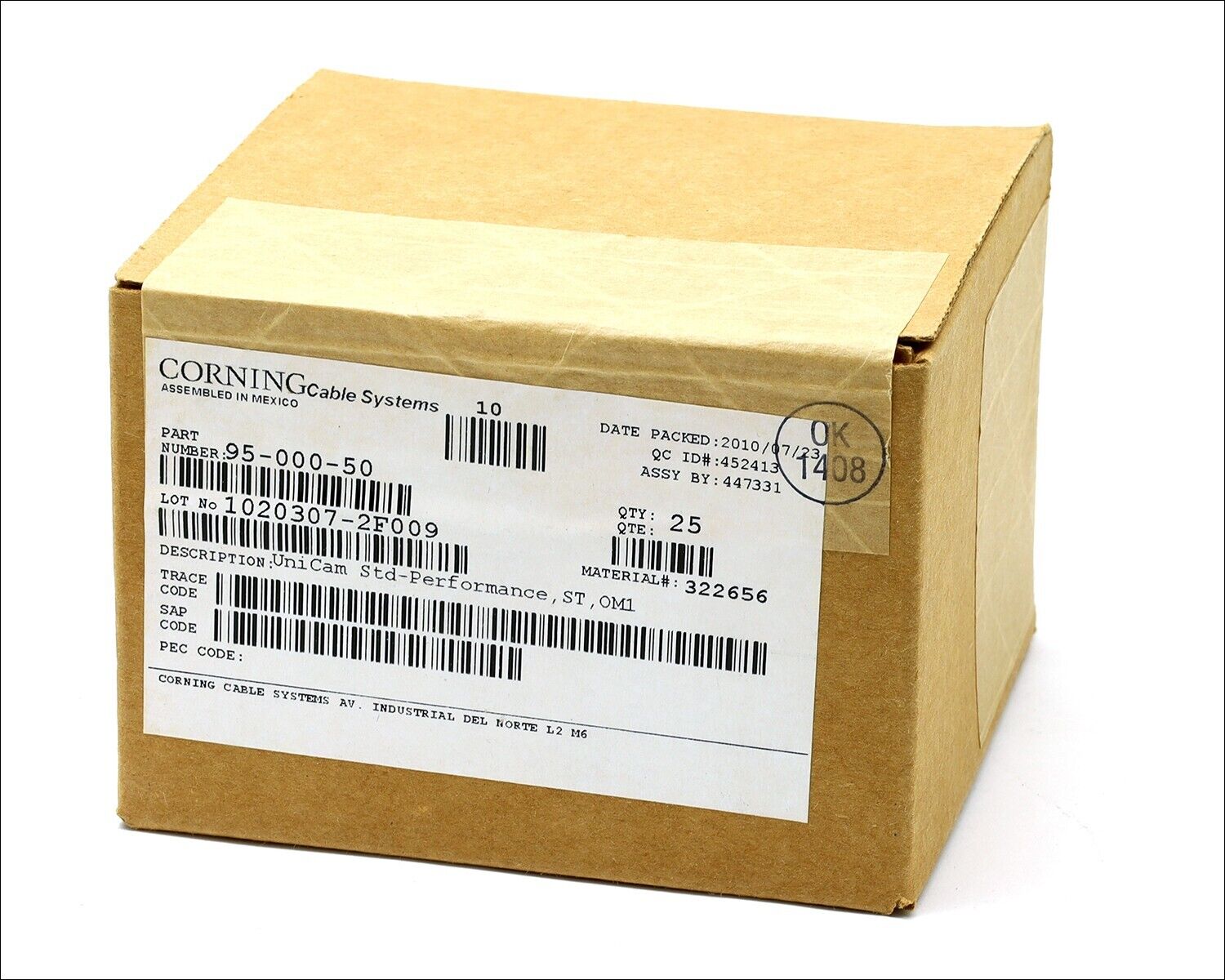 NEW - BOX OF 25 - CORNING 95-000-50 UniCam Fiber Optic Multimode 62.5 Connector