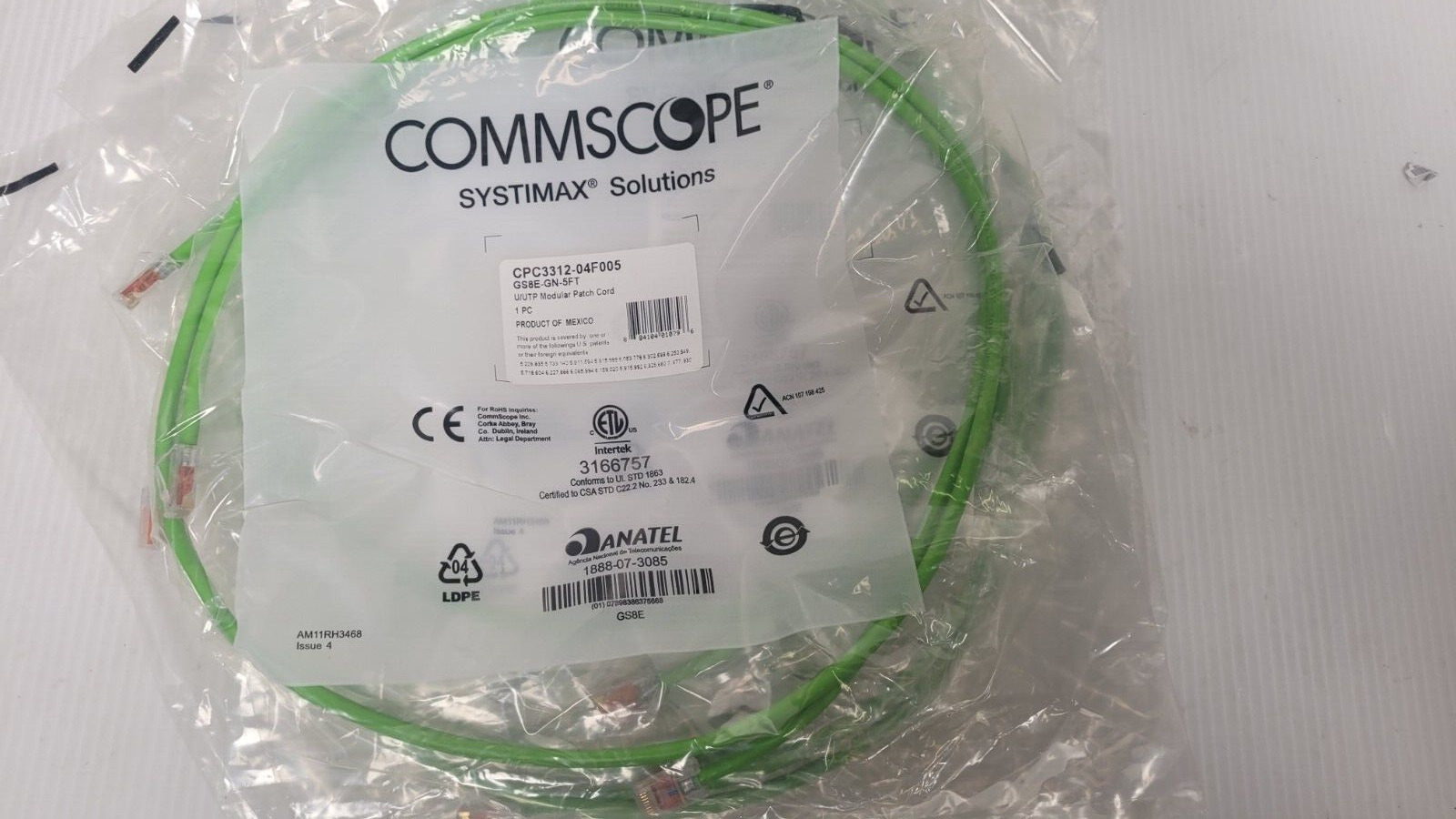 Lot of 5 Commscope Systimax 5FT Ethernet U/UTP Modular Patch Cords GS8E-GN-5FT