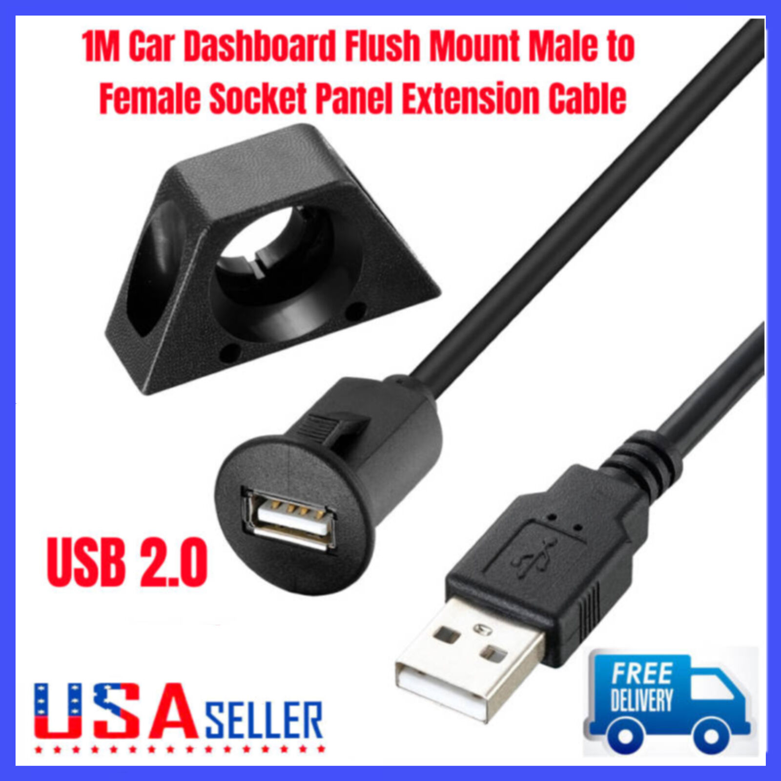 1M Car Dashboard Flush Mount USB 2.0 Male to Female Socket Panel Extension Cable