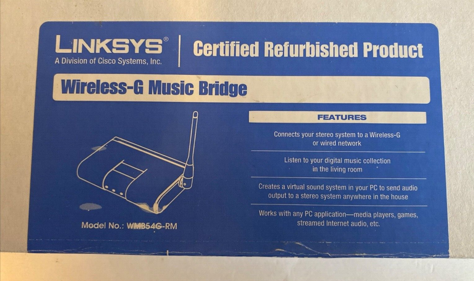 Linksys WMB54G Wireless-G Music Bridge Cisco Wi-Fi Factory Refurbished Mint