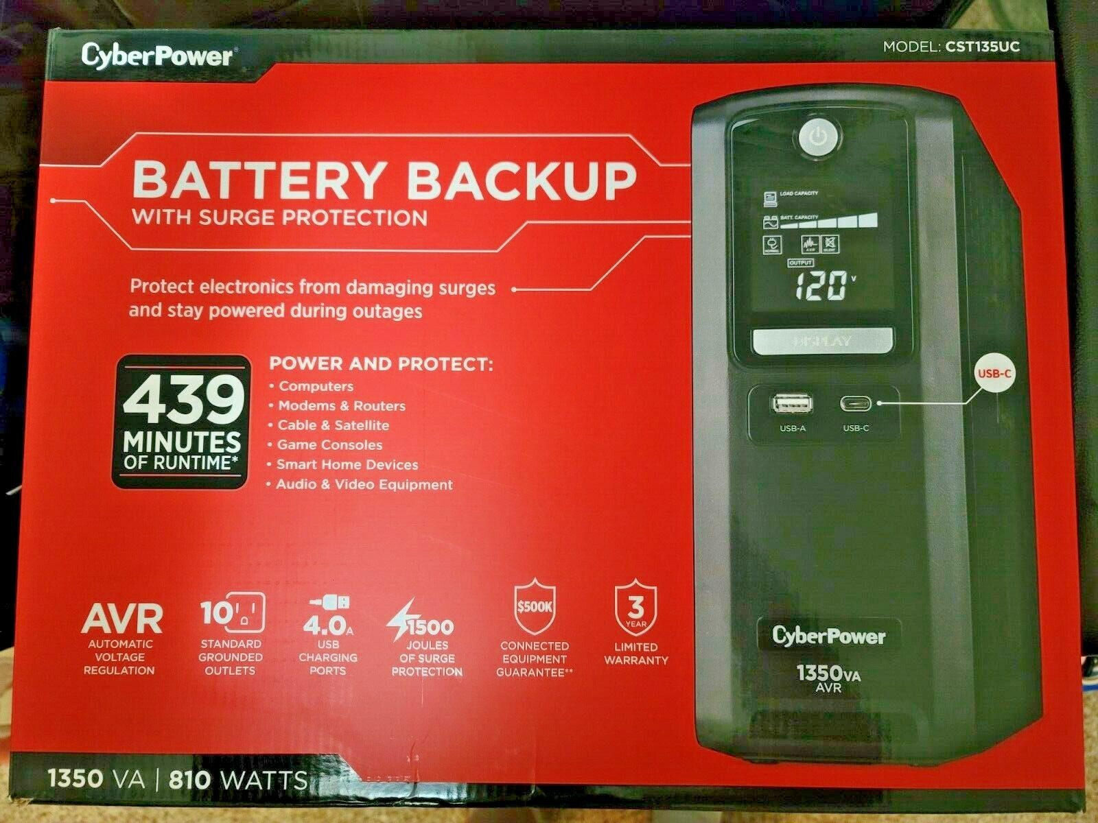 CyberPower Battery Backup 1350 VA AVR Model CST135UC