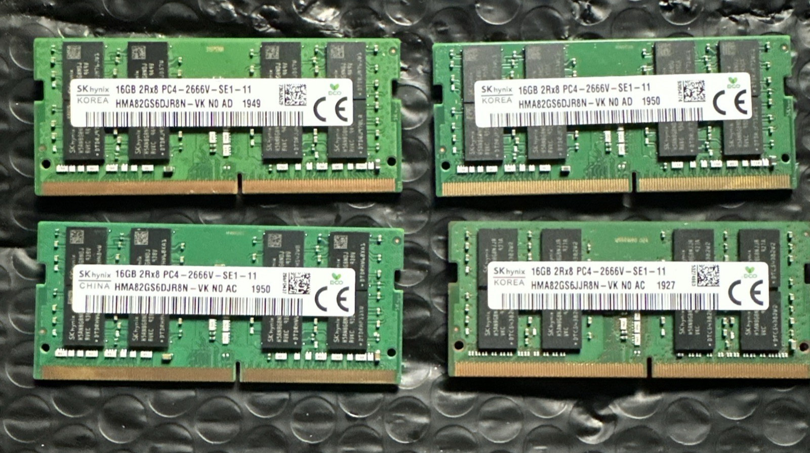 Lot of 4x SK Hynix 16GB 2Rx8 DDR4 2666MHz SODIMM RAM 64GB Total HMA82GS6DJR8N-VK