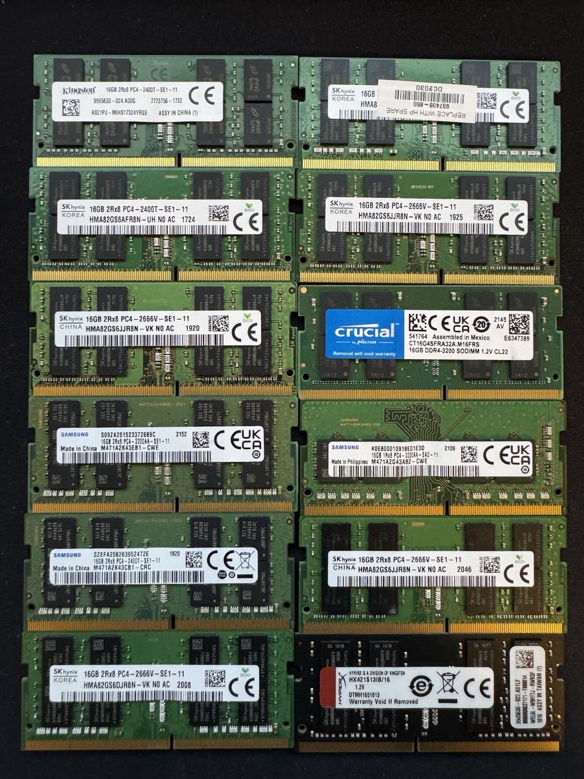 Lot of 12 16GB DDR4 SODIMM Laptop RAM 192GB Mixed Brands 2400 2666 3200MHz