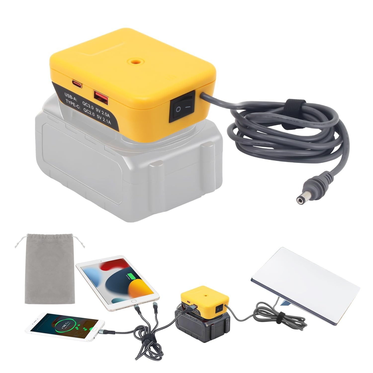 Mini Battery Adapter for 18V-20V Lithium Batteries, 10FT DC Power Cable, USB & T