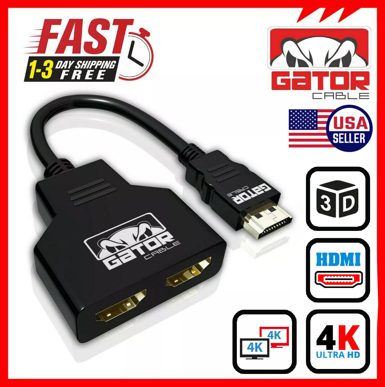 4K HDMI Cable Splitter Adapter 2.0 Converter 1 In 2 Out HDMI Male to 2 HDMI UHD