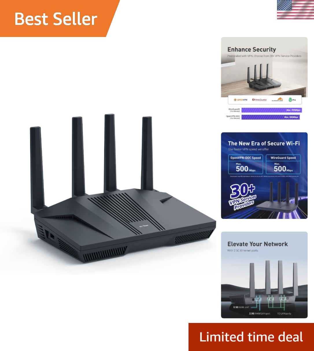 GL-MT6000 Flint 2 Wi-Fi 6 Gaming Router Dual 2.5G Ports