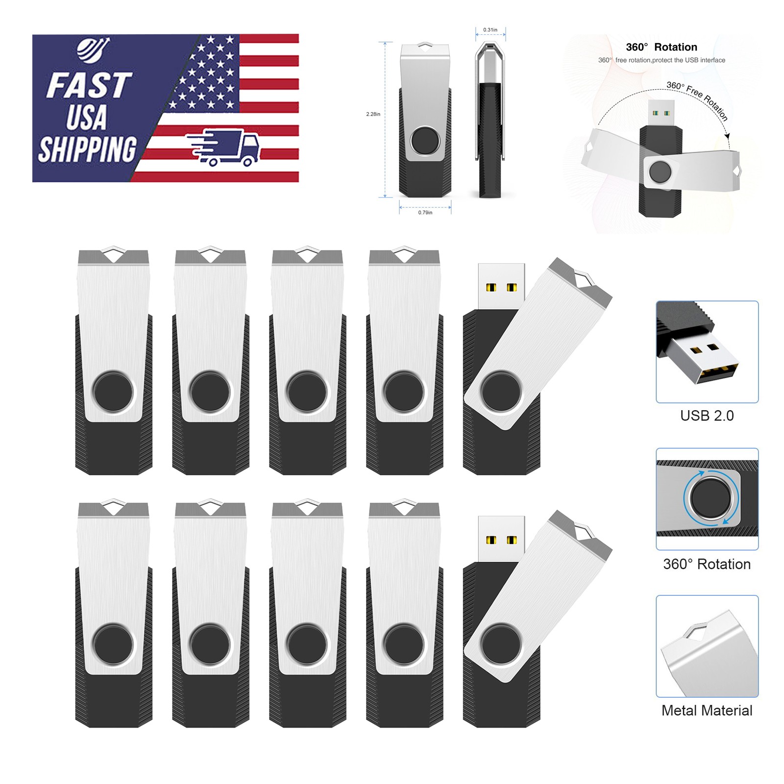 Kooton 1/5/10pack 32GB Metal USB 2.0 Flash Drive Metal Swivel Memory Storage lot
