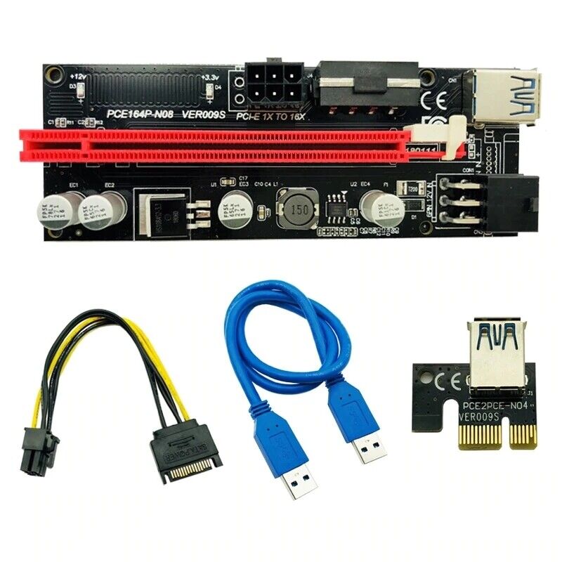 PCI-E 009S Riser Card PCIe 1x to 16x USB 3.0 Red Data Cable Bitcoin Mining
