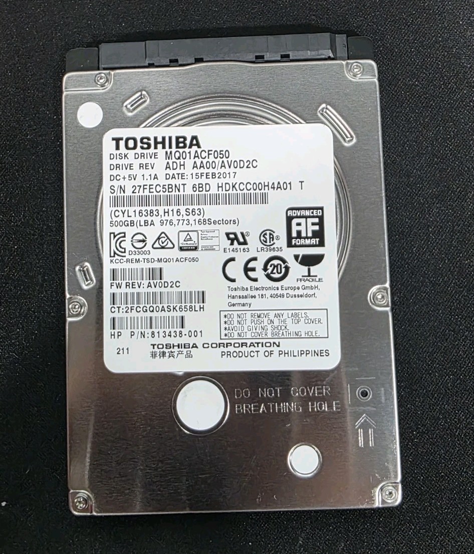 1x Toshiba HP 500GB Internal 7200 RPM 2.5 in MQ01ACF050 HD 813438-001