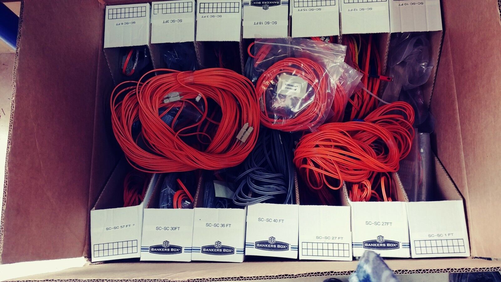 Large Box of Used Various Duplex Fiber Optic Patch Cables 