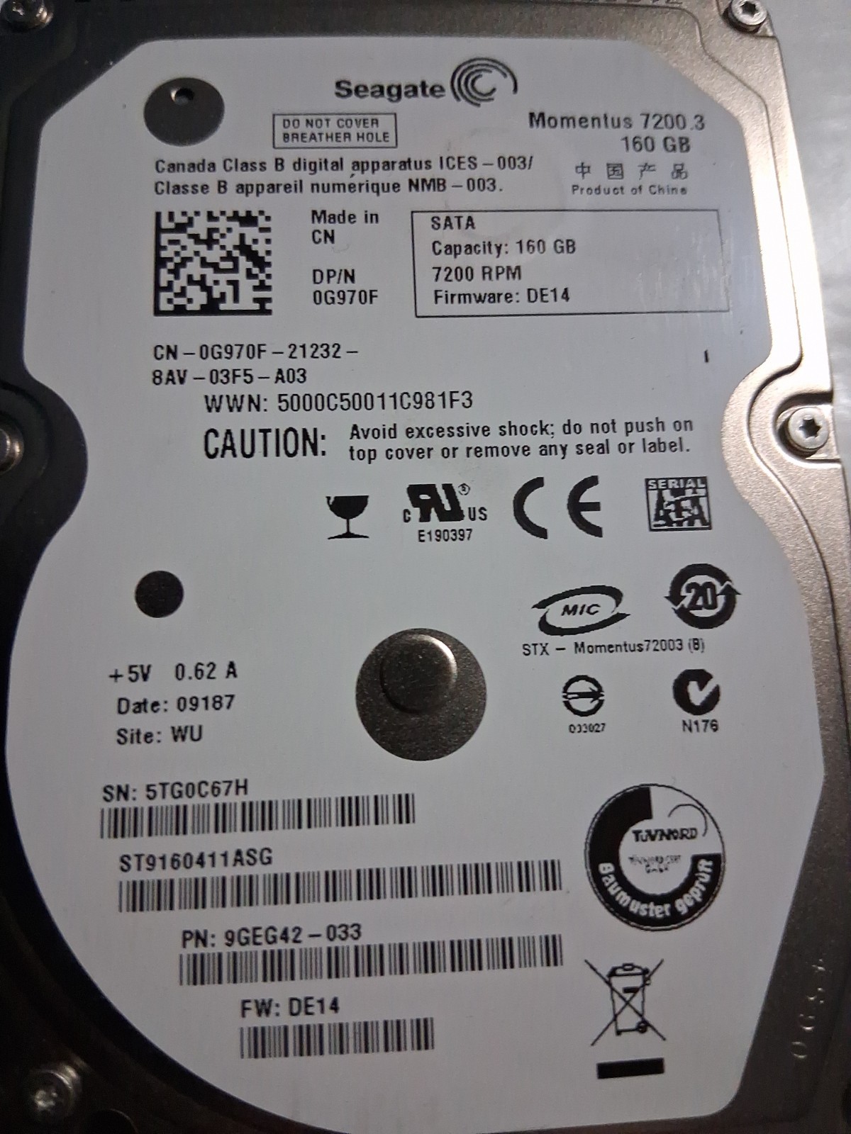 Seagate Momentus ST9160411ASG 160GB SATA 7200RPM 2.5\
